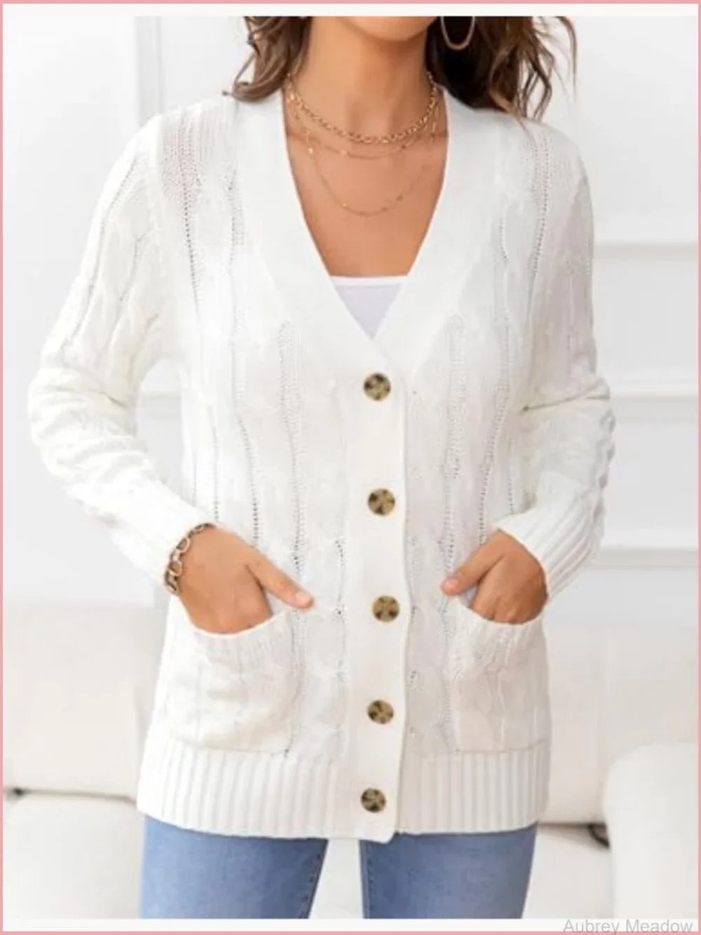 Women's Cardigan Sweater Open Front Cable Knit Button Down Casual